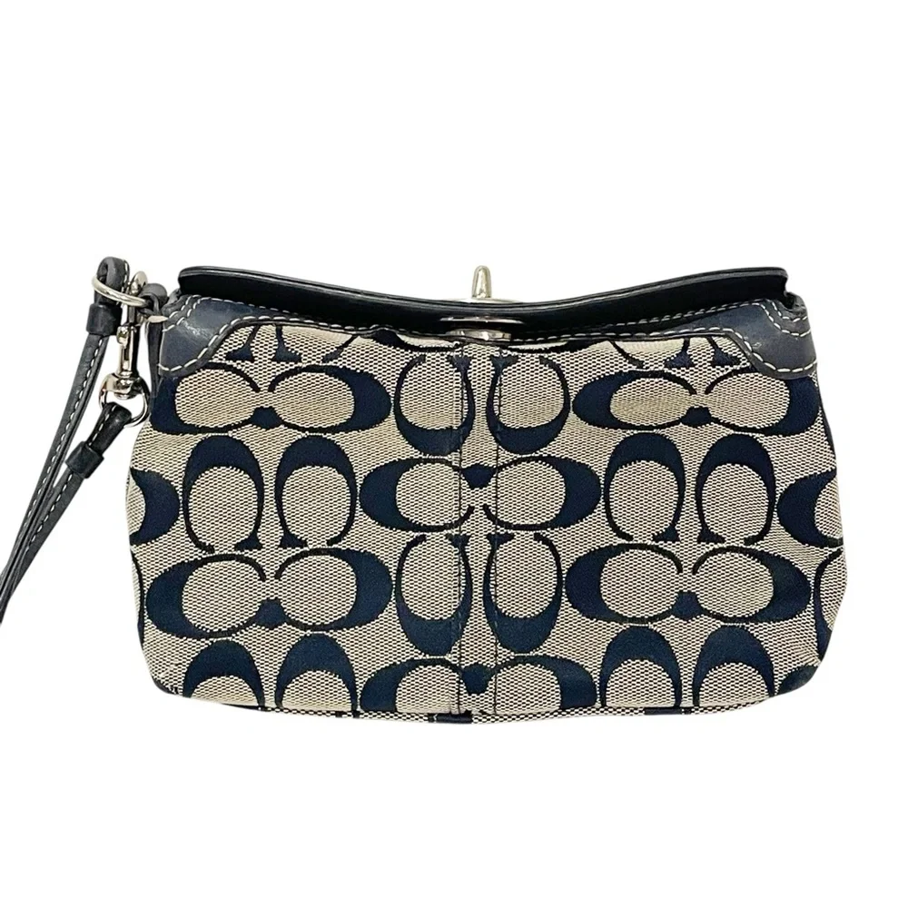 Coach Navy/Gray Signature Monogram Medium Wristlet Turn Lock Closure